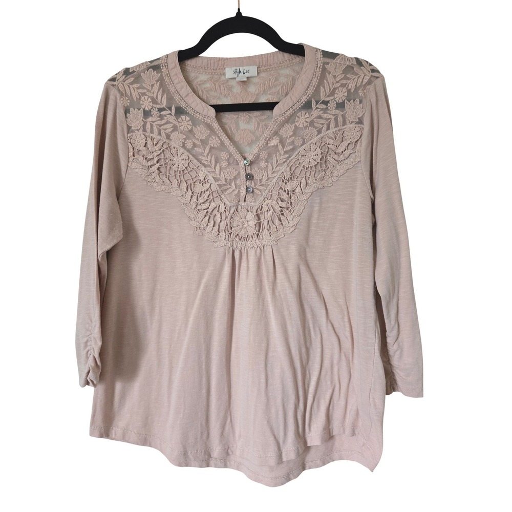 Style & Co Womens S Henley Peasant Top Lace Ruched 3/4 Sleeve Slub Knit
